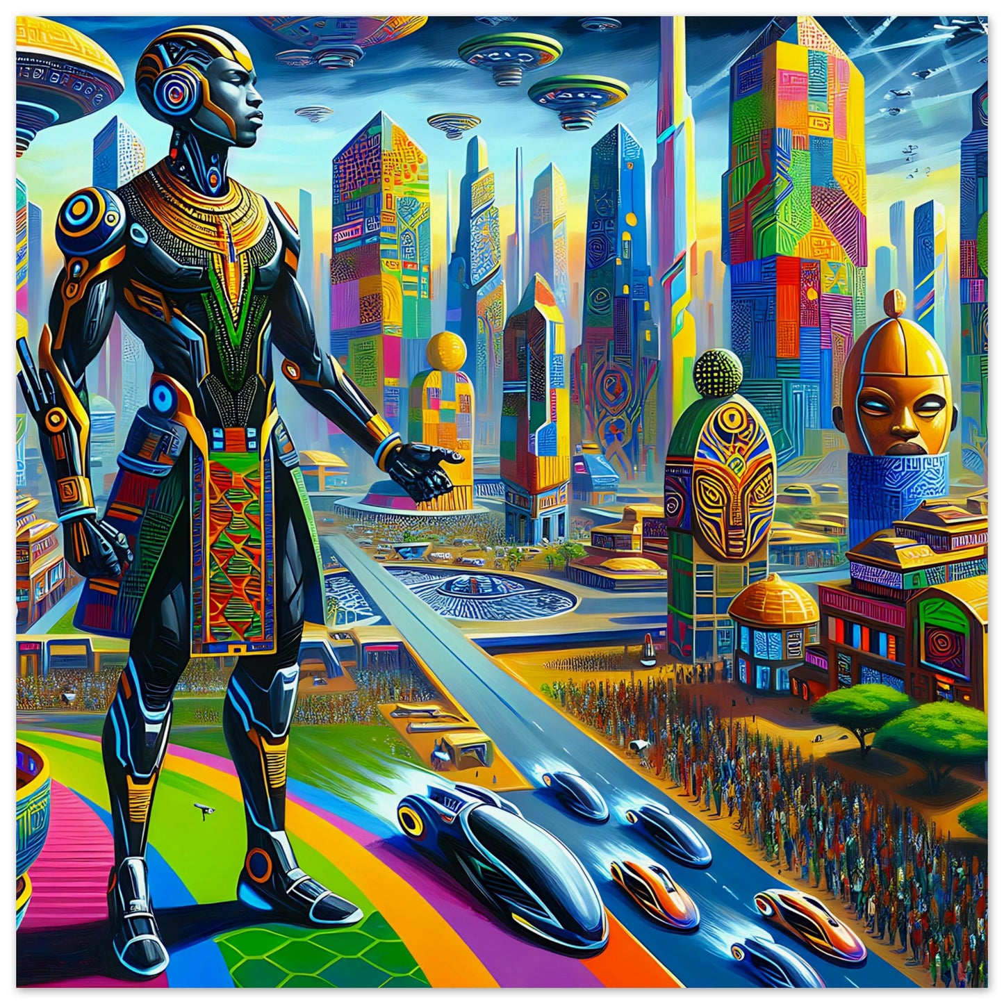 A vibrant, futuristic African city with a tall figure in traditional attire and cybernetic enhancements. The cityscape features colorful, patterned skyscrapers, monumental sculptures, flying vehicles, and futuristic cars, blending heritage with advanced technology in a dynamic, neon-lit scene.