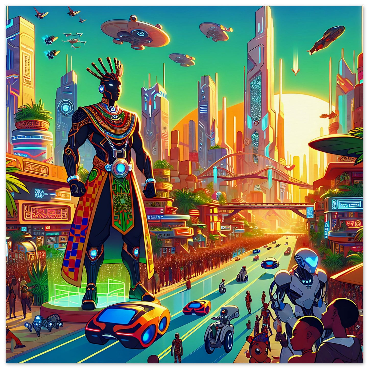 A vibrant, futuristic cityscape featuring a towering figure dressed in traditional African regalia with modern technological enhancements. The scene is filled with flying vehicles, robots, and bustling streets surrounded by sleek, towering skyscrapers against a glowing sunset. The artwork blends cultural heritage with advanced technology, showcasing a dynamic fusion of past and future.