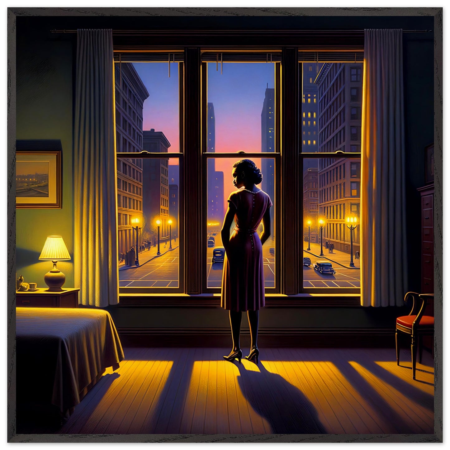 A painting of a woman standing by a large window in a warmly lit room, gazing out at a twilight cityscape. The room features a neatly made bed, a bedside table with a lit lamp, and curtains framing the window. The woman is elegantly dressed in a purple dress, silhouetted by the light from outside. The view through the window shows a vibrant city street with tall buildings, vintage cars, and streetlights glowing under a sky transitioning from day to night with shades of purple, pink, and orange.