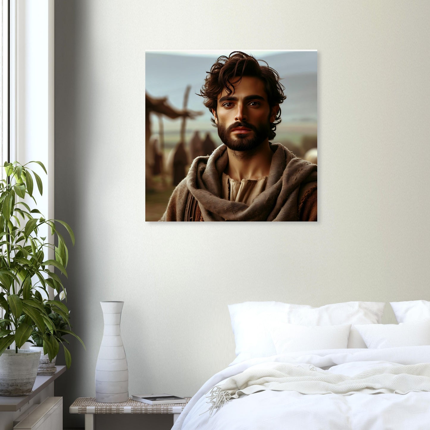 A detailed portrait of Jesus Christ with soulful eyes and a contemplative expression. He has dark, curly hair and a beard, wearing simple, textured garments. The blurred, earthy-toned pastoral background highlights his serene face. The soft, diffused light creates a peaceful and timeless atmosphere, emphasizing his quiet strength and divine presence.