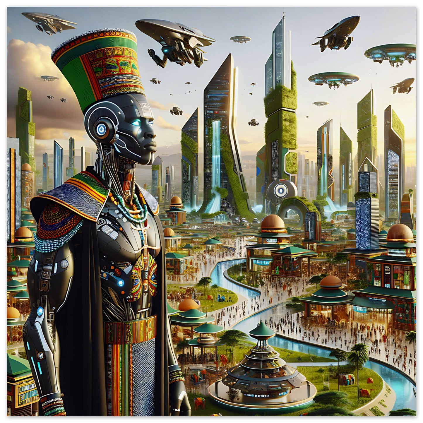 A futuristic African cityscape with a figure in vibrant traditional attire combined with cybernetic elements. The city features towering skyscrapers, neon-lit streets, flying vehicles, and a glowing digital map of Africa in the sky, blending heritage with advanced technology