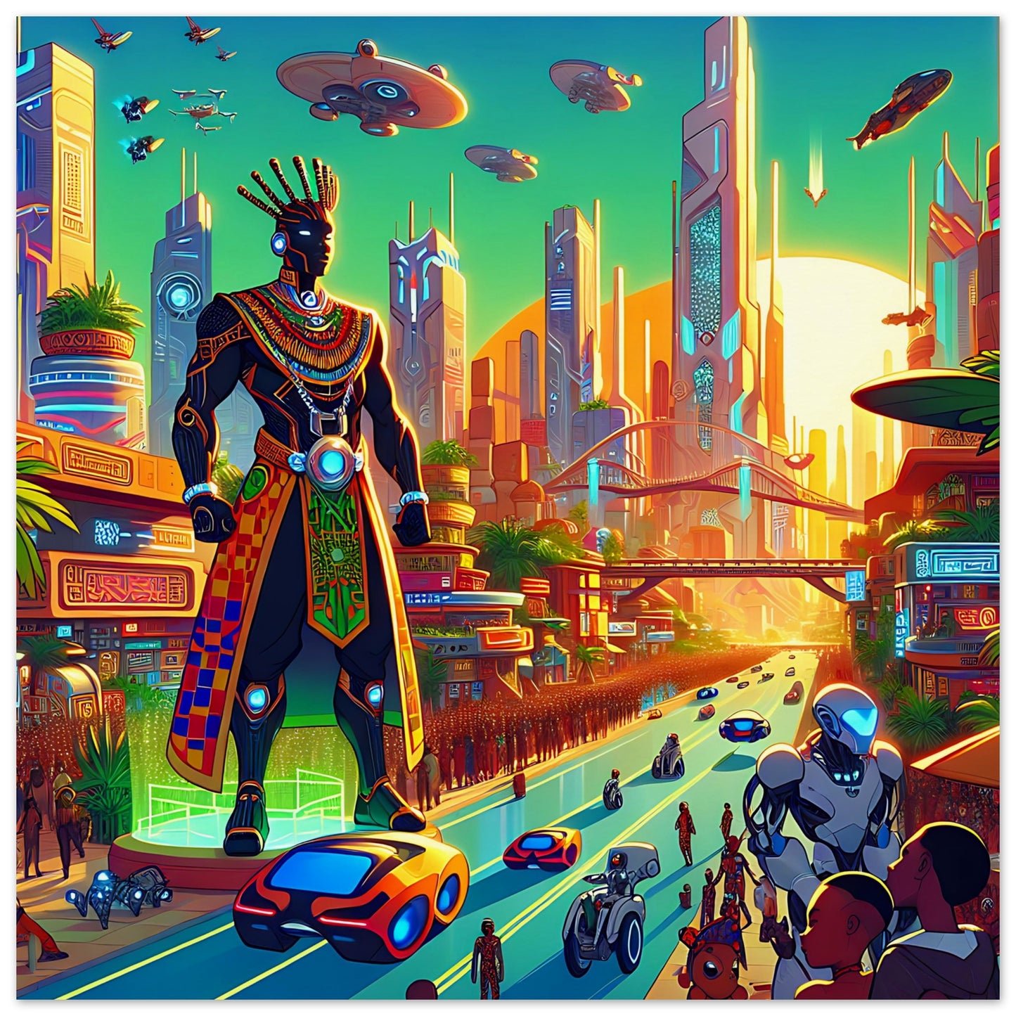 A vibrant, futuristic cityscape featuring a towering figure dressed in traditional African regalia with modern technological enhancements. The scene is filled with flying vehicles, robots, and bustling streets surrounded by sleek, towering skyscrapers against a glowing sunset. The artwork blends cultural heritage with advanced technology, showcasing a dynamic fusion of past and future.