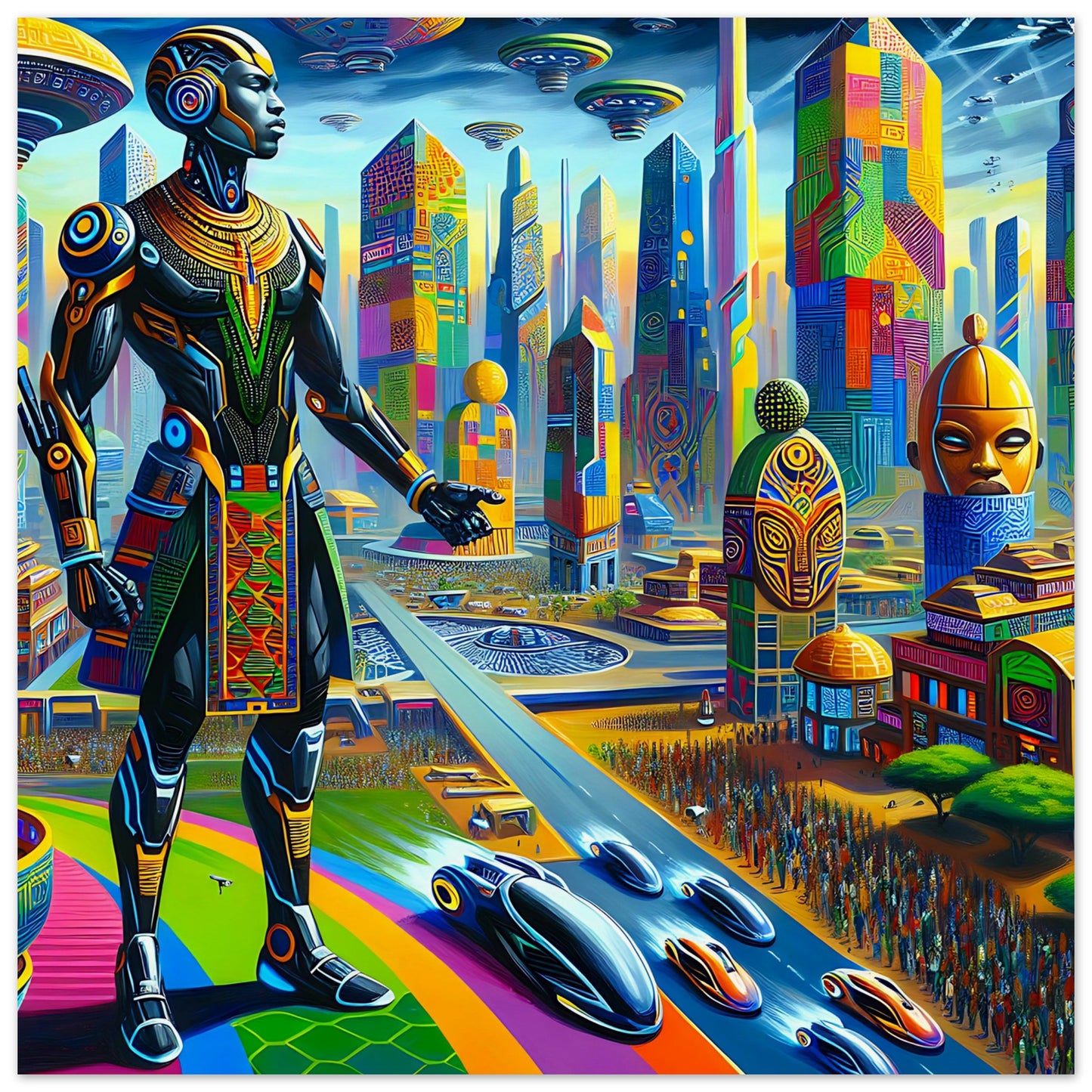 A vibrant, futuristic African city with a tall figure in traditional attire and cybernetic enhancements. The cityscape features colorful, patterned skyscrapers, monumental sculptures, flying vehicles, and futuristic cars, blending heritage with advanced technology in a dynamic, neon-lit scene.