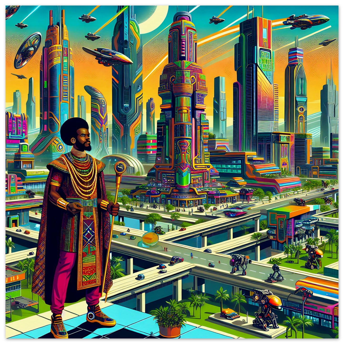 A futuristic city with a regal figure in traditional and modern attire. The city features colorful skyscrapers, flying vehicles, elevated highways, and advanced robots, blending African heritage with advanced technology in a vibrant, dynamic urban scene.