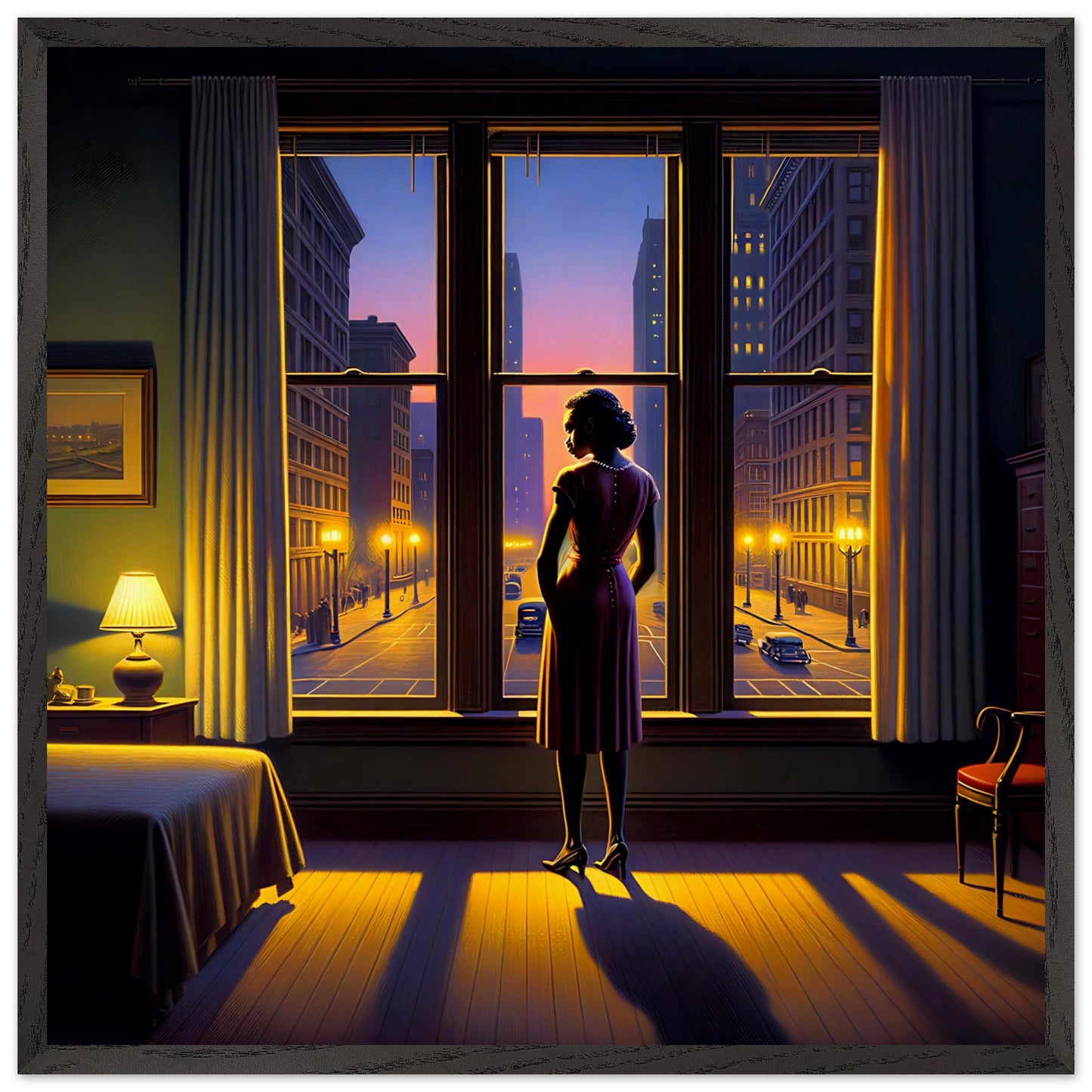 Step into a moment of introspection with this evocative artwork capturing a woman standing by a window, gazing out at a city bathed in the warm hues of twilight. The room is softly illuminated by a bedside lamp, casting gentle shadows that enhance the serene atmosphere. Outside, the city streets are aglow with streetlights, and the buildings rise into the fading evening sky, blending tones of purple and orange.