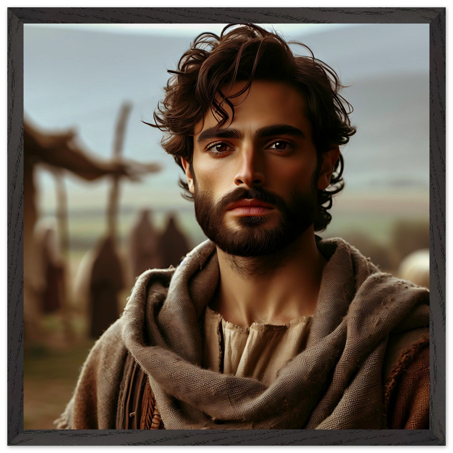 Updated artistic rendition of Jesus Christ with curly hair and beard, wearing earth-toned robes, gazing serenely in a rustic countryside setting