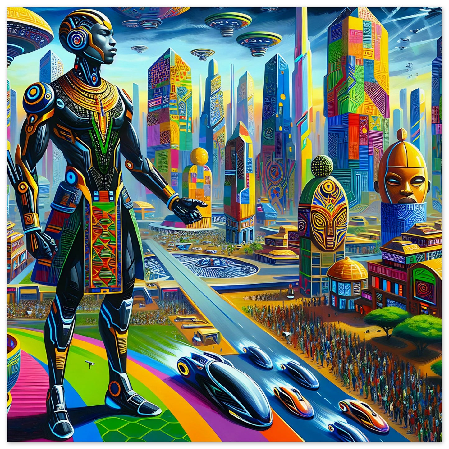 A vibrant, futuristic African city with a tall figure in traditional attire and cybernetic enhancements. The cityscape features colorful, patterned skyscrapers, monumental sculptures, flying vehicles, and futuristic cars, blending heritage with advanced technology in a dynamic, neon-lit scene.
