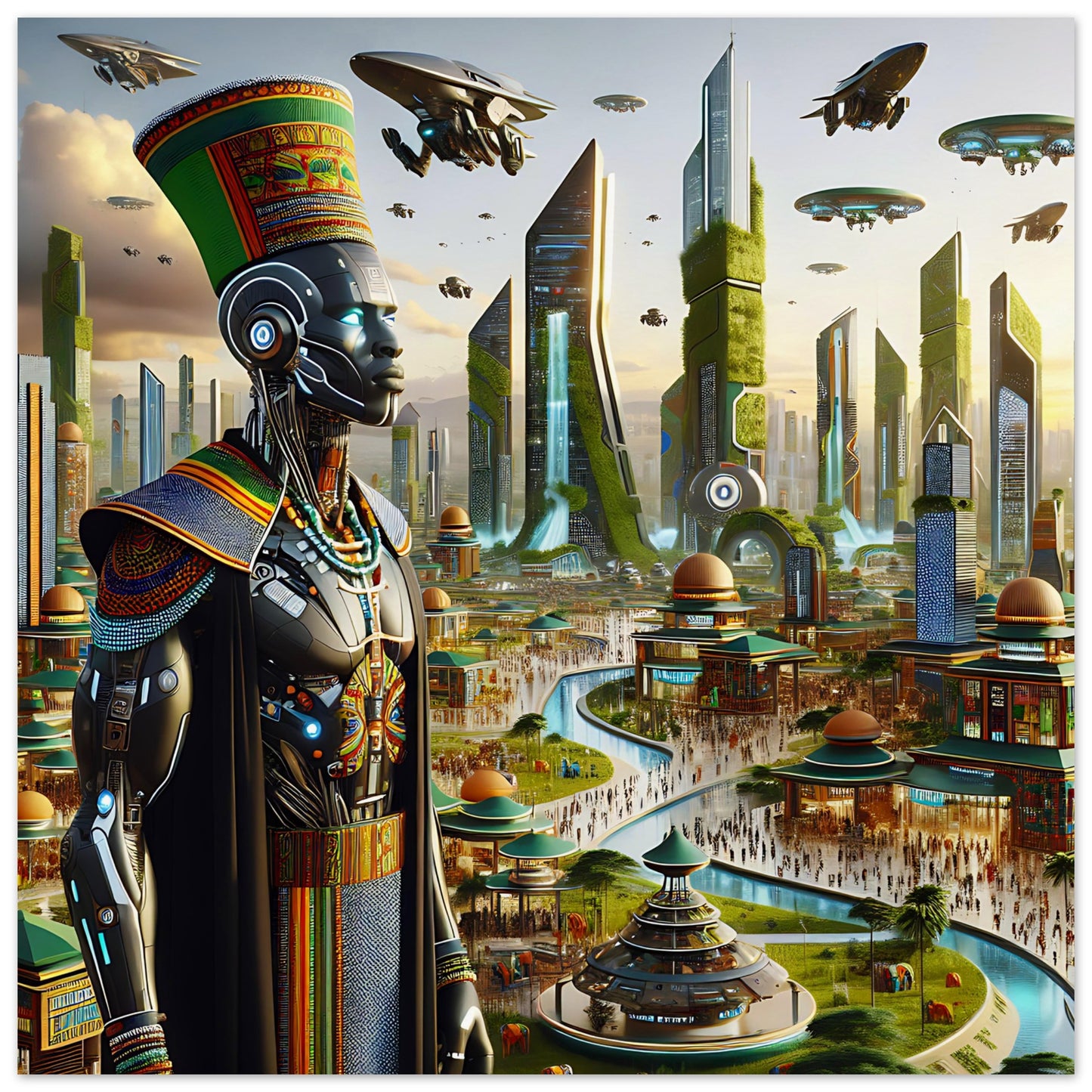 A futuristic African cityscape with a figure in vibrant traditional attire combined with cybernetic elements. The city features towering skyscrapers, neon-lit streets, flying vehicles, and a glowing digital map of Africa in the sky, blending heritage with advanced technology