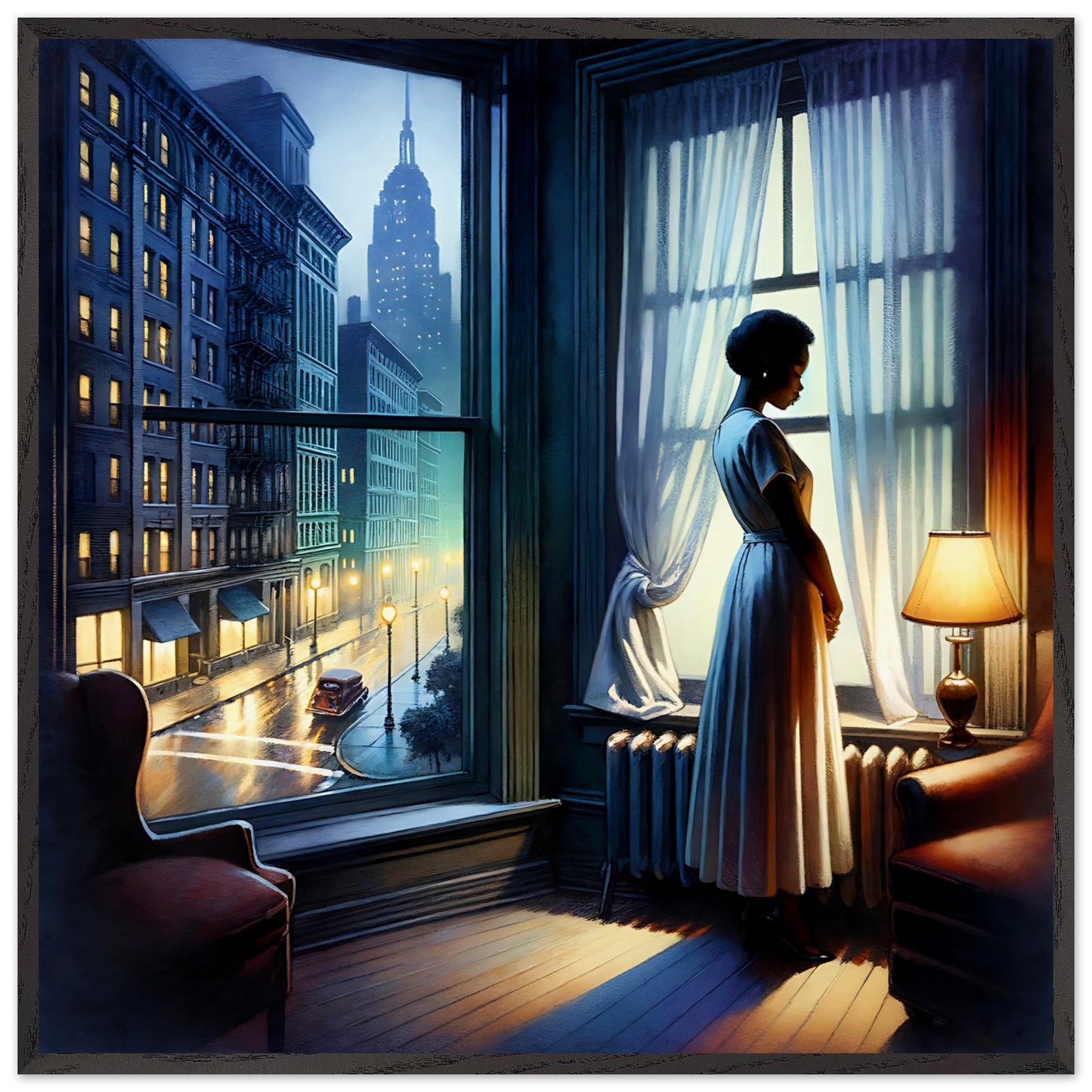 A woman stands by a window, looking out at a rain-soaked city night. The room is softly lit by a lamp, casting a warm glow that contrasts with the cool, misty ambiance outside. The city streets glisten with reflections from the rain, illuminated by streetlights, leading to a distant skyscraper.