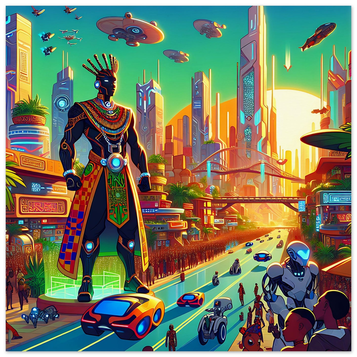 A vibrant, futuristic cityscape featuring a towering figure dressed in traditional African regalia with modern technological enhancements. The scene is filled with flying vehicles, robots, and bustling streets surrounded by sleek, towering skyscrapers against a glowing sunset. The artwork blends cultural heritage with advanced technology, showcasing a dynamic fusion of past and future.