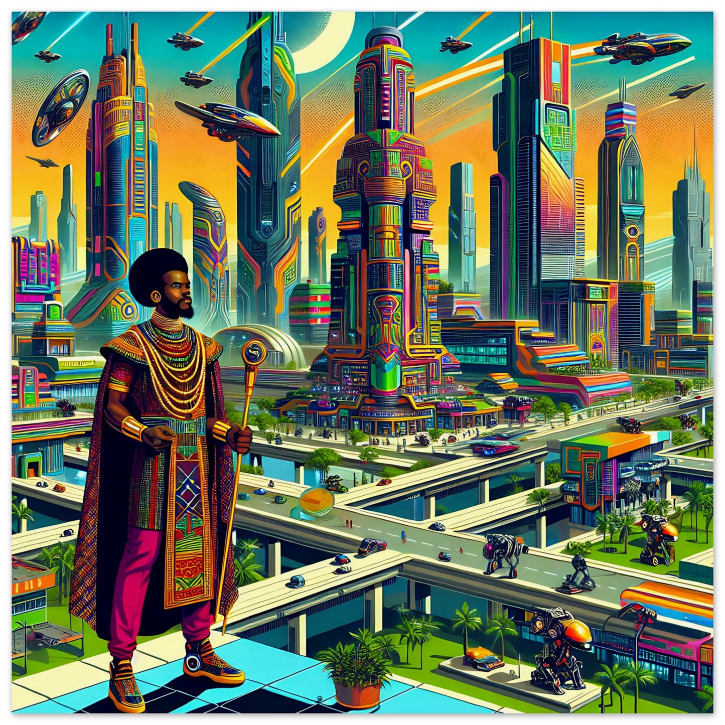 A futuristic city with a regal figure in traditional and modern attire. The city features colorful skyscrapers, flying vehicles, elevated highways, and advanced robots, blending African heritage with advanced technology in a vibrant, dynamic urban scene.