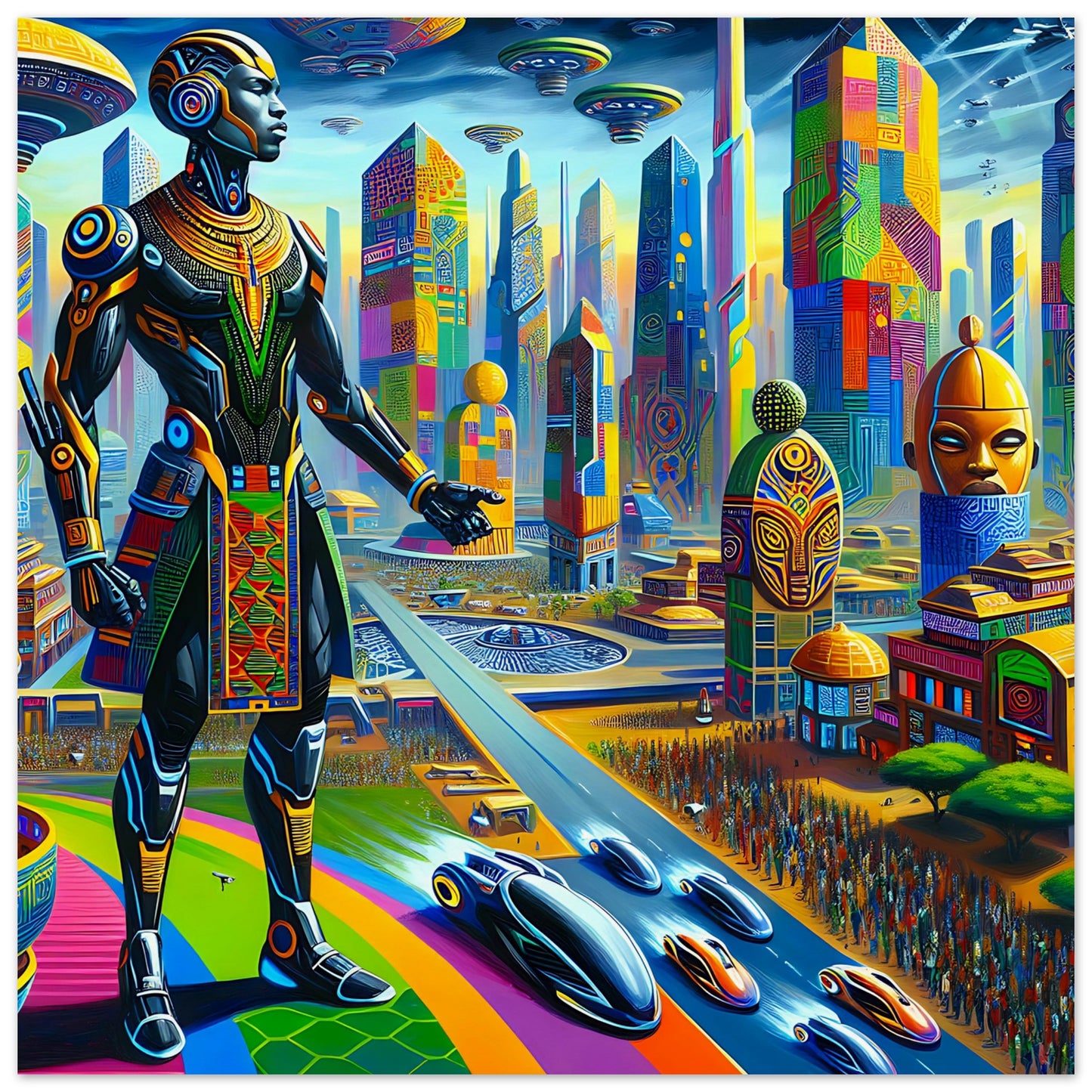A vibrant, futuristic African city with a tall figure in traditional attire and cybernetic enhancements. The cityscape features colorful, patterned skyscrapers, monumental sculptures, flying vehicles, and futuristic cars, blending heritage with advanced technology in a dynamic, neon-lit scene.