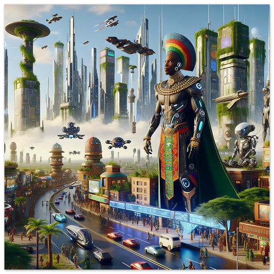 A futuristic African city with a towering figure in traditional and cybernetic attire. The scene includes sleek skyscrapers, greenery-covered towers, flying vehicles, and advanced robots, blending heritage with technology in a vibrant, dynamic cityscape.