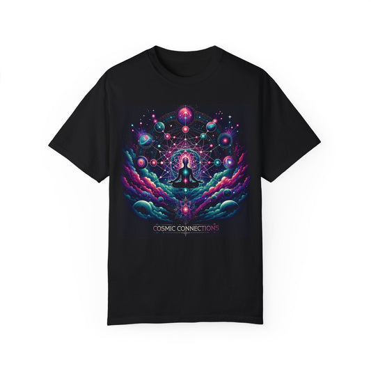 "Cosmic Connections" features a meditative silhouette surrounded by a web of celestial bodies and sacred geometry, symbolizing the universe's interconnectedness. The design's vibrant colors and luminous orbs create depth and infinity, with swirling clouds and distant planets enhancing the mystical atmosphere. Ideal for a T-shirt, it inspires spiritual reflection and cosmic wonder.