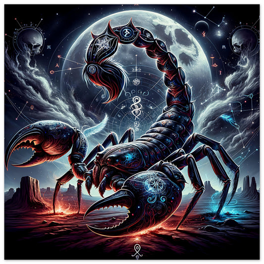 An intricately detailed scorpion with mystical symbols on its exoskeleton stands against a lunar backdrop. The night sky is filled with constellations, astrological symbols, and cosmic phenomena, creating an otherworldly and mystical atmosphere. The dark terrain contrasts with the luminous celestial elements.