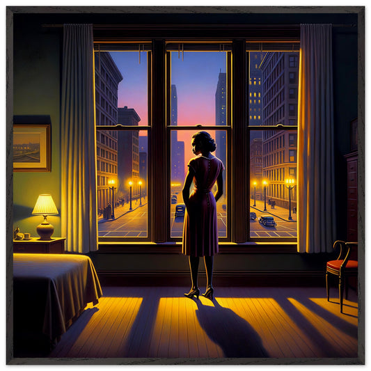 A woman in silhouette stands in front of a tall window overlooking a glowing city street at twilight, with warm lamplight and a fading purple-orange sky.
