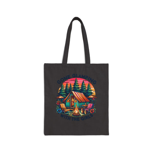 The text "Gone Glamping with the Girls" adds a playful touch, making this cotton canvas tote bag perfect for nature lovers who appreciate a blend of comfort and style. Celebrate the magic of glamping and cherished friendships with this delightful, eye-catching design.