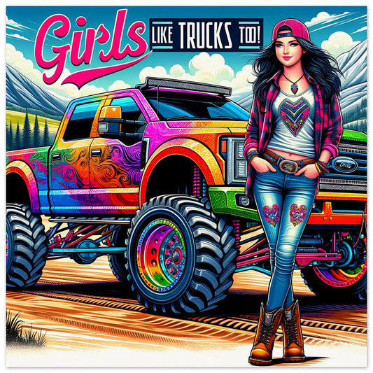 A confident woman in a plaid shirt, jeans, and boots stands beside a brightly colored truck with intricate patterns. The scene is set against a backdrop of mountains and clear blue skies, celebrating bold individuality and vibrant style with the slogan "Girls Like Trucks Too!" in the background.