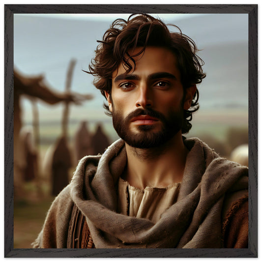 Updated artistic rendition of Jesus Christ with curly hair and beard, wearing earth-toned robes, gazing serenely in a rustic countryside setting