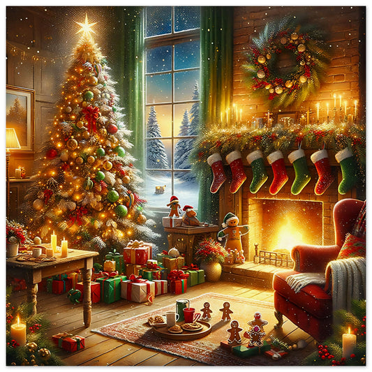 A cozy living room decorated for Christmas with a glowing tree, presents, a roaring fireplace with stockings, and a window showing a snowy night. The scene includes a table set with cookies, gingerbread men, and hot cocoa, capturing the warmth and joy of Christmas Eve.